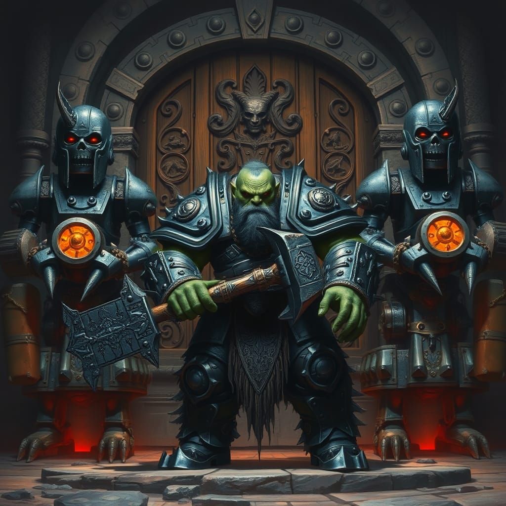 Orc Warrior with Iron Golems in Dark Fantasy Style