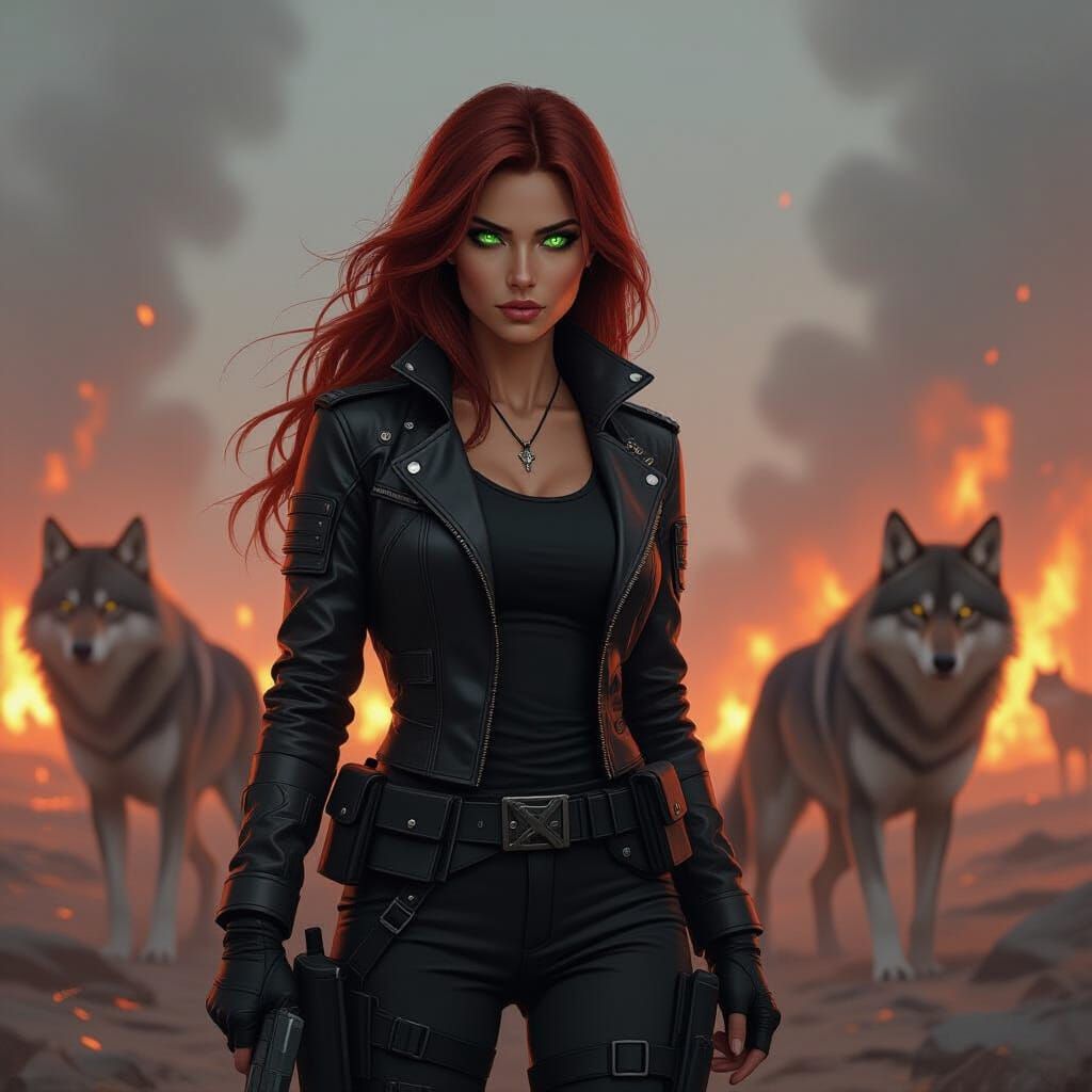 Fiery Battlefield: Empowered Woman and Wolves in Gritty Styl...