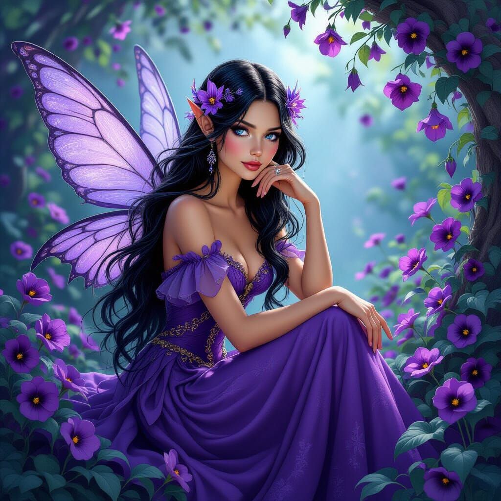 Fairy in Purple Dress Amidst Violets, Fantasy Illustration