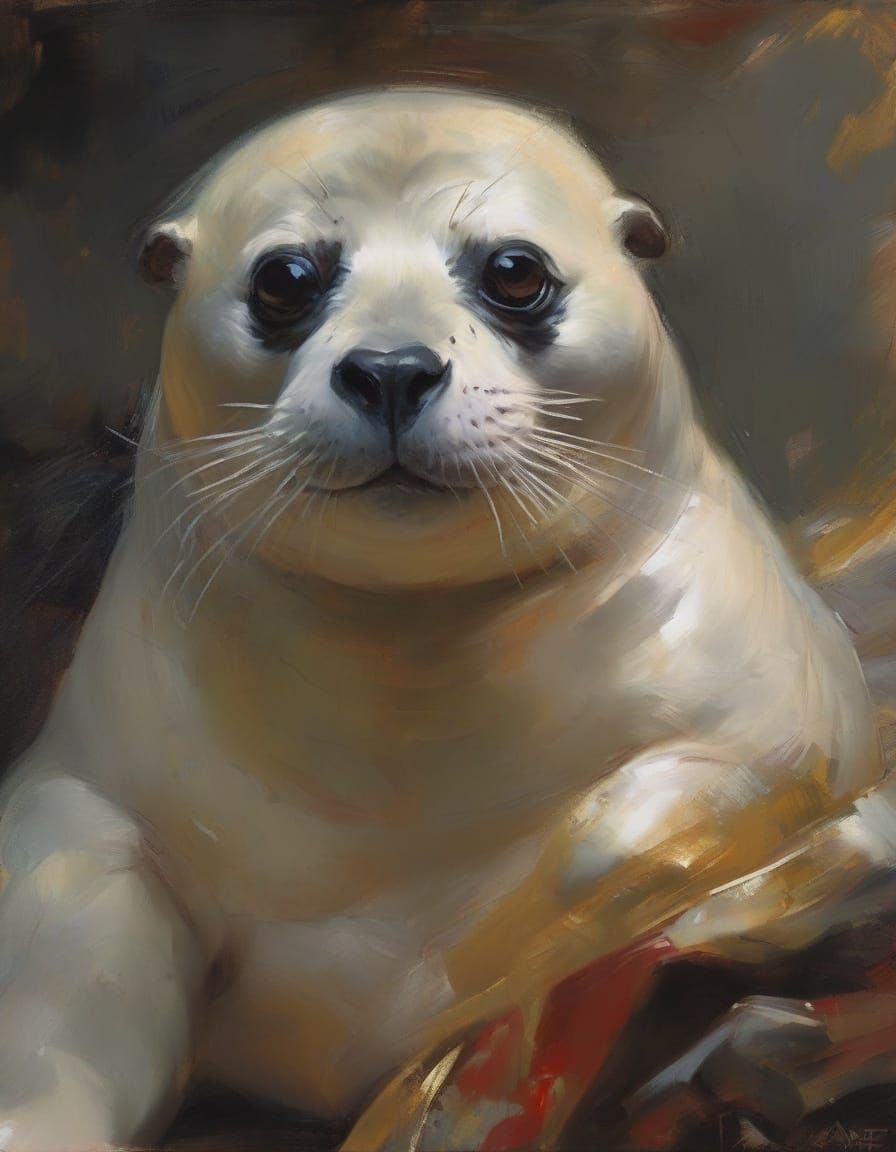 Baby Harbor Seal Portrait in Renaissance Chiaroscuro Style
