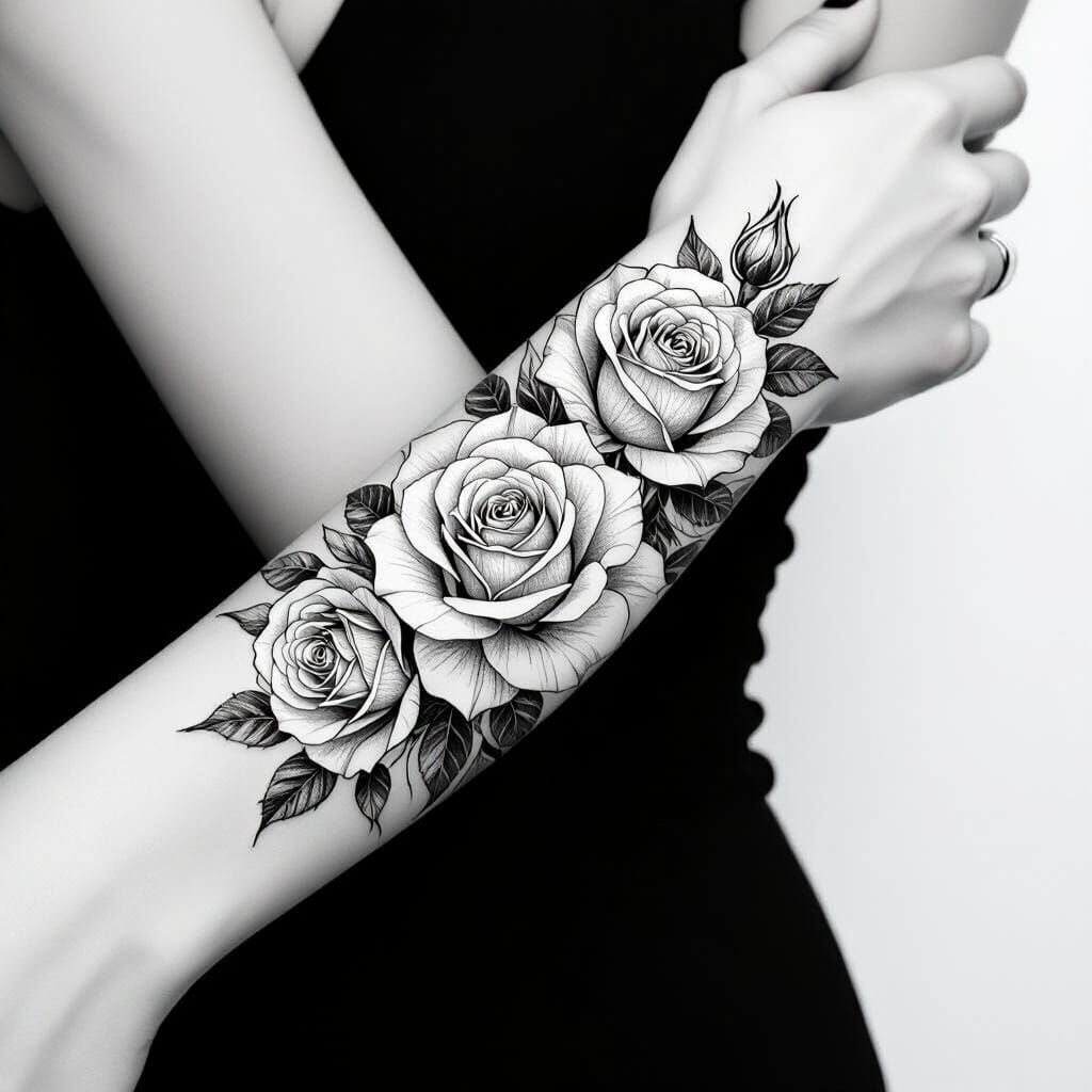 Hyperrealistic Rose Tattoo in Black and White