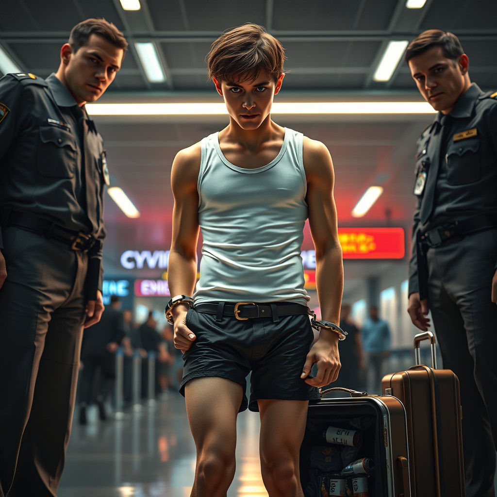 A terrified young 18-year old male with messy, short brown hair and an air of vulnerability, stands out in a white vest ...