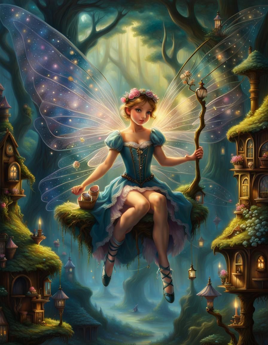 Fairy on Branch Among Fairy Houses in Ethereal Style