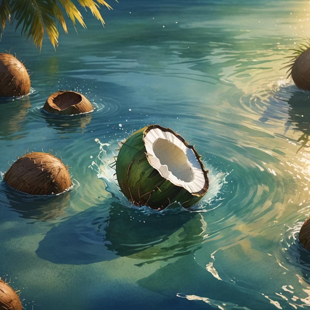Coconut Floating in a Serene Sea: Watercolour Art