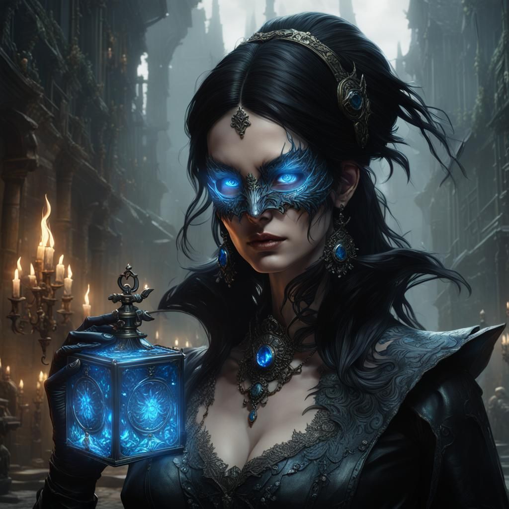 Gothic Witch Hunter with Blue Crystal in Dark Fantasy Style