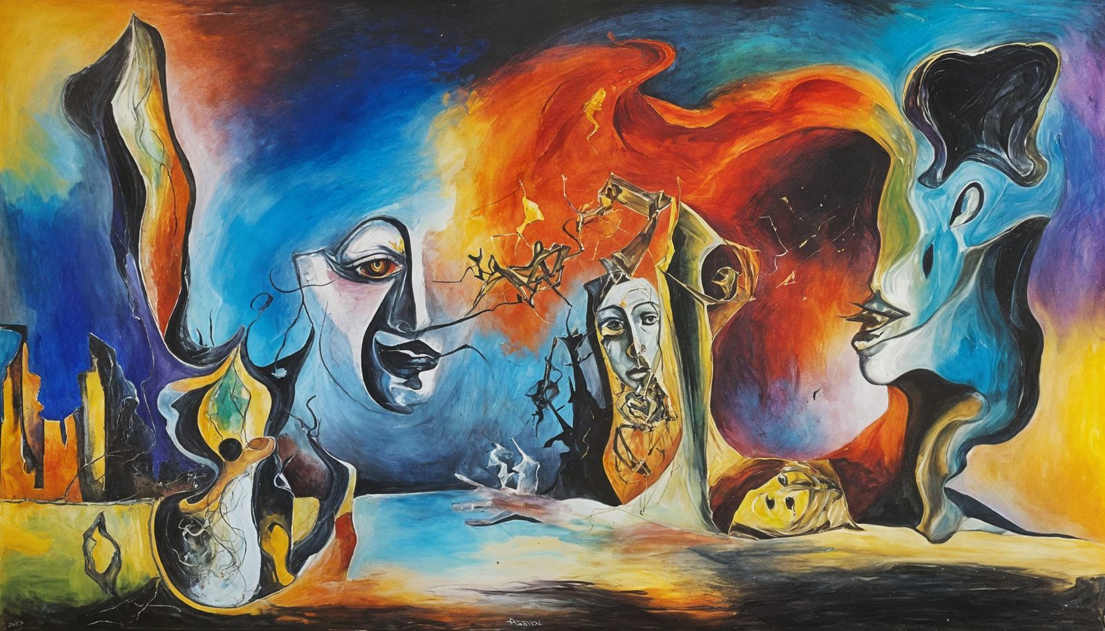 Surreal Dark Figure on Dilapidated Stage in Oil Painting