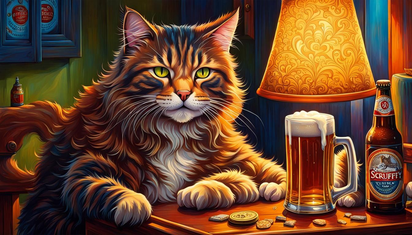 Cartoon Cat Bill Guzzling Beer with Dramatic Lighting