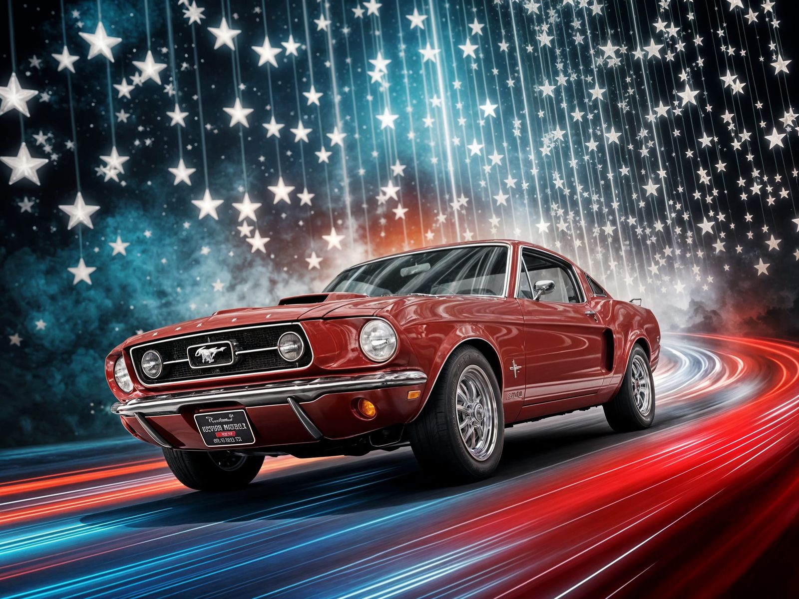 Glossy Red Mustang in Starlit Sky
