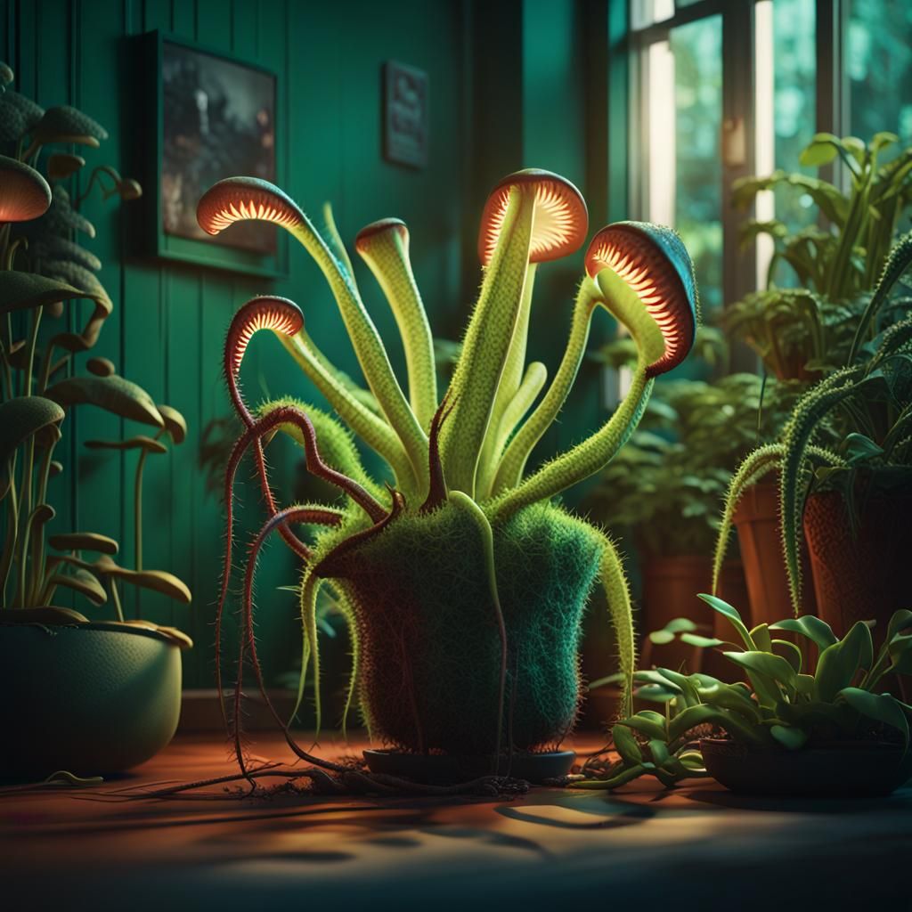 Luminescent Carnivorous Plant in Cosy Room, 3D Render