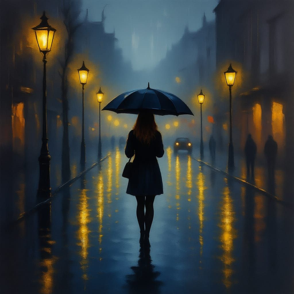 Moody Oil Painting of Woman Walking on Rainy Street