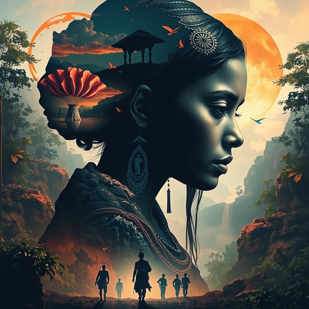 Indian Girl Silhouette in Mysterious Waterfall Landscape