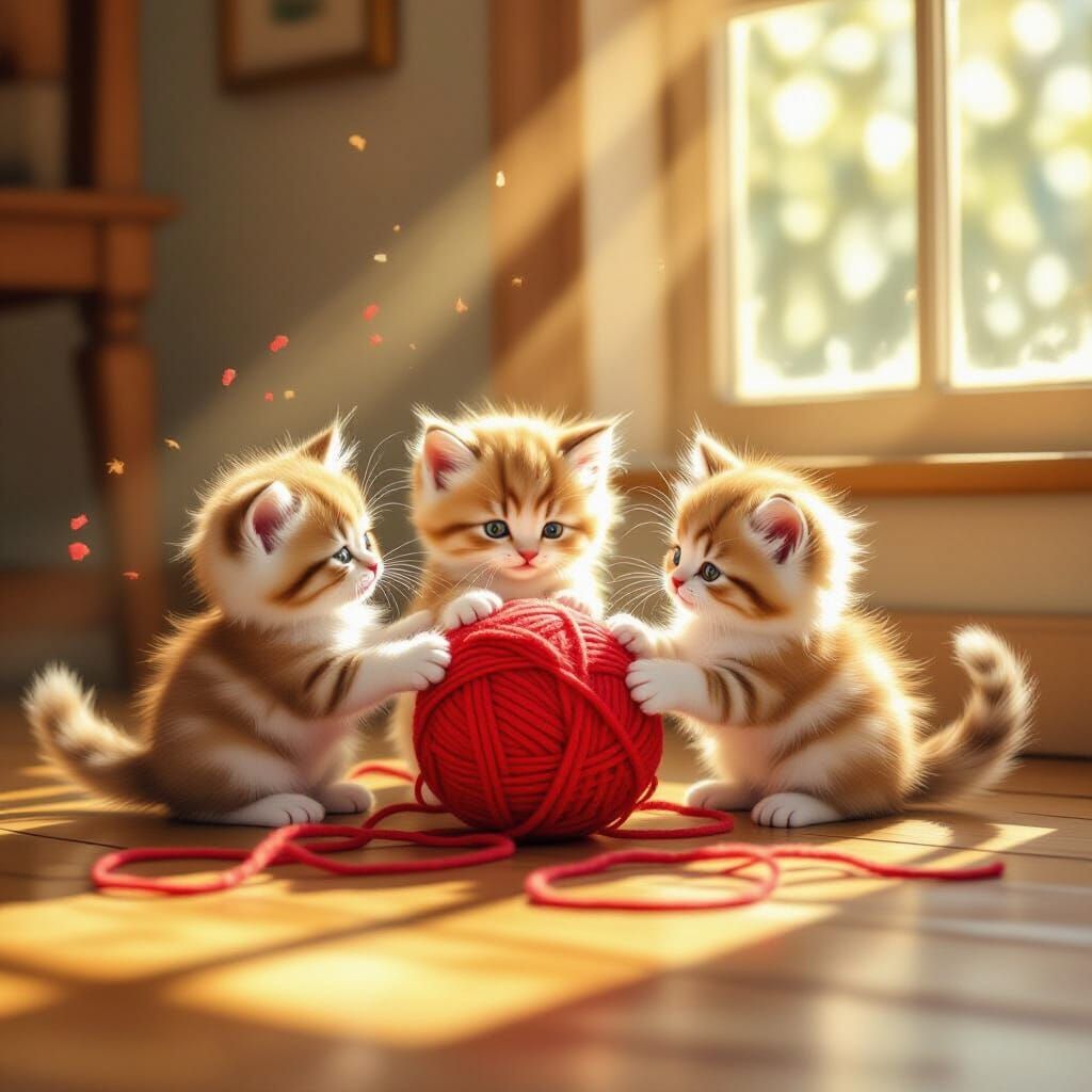 Fluffy Kittens Play With Red Wool in Storybook Style