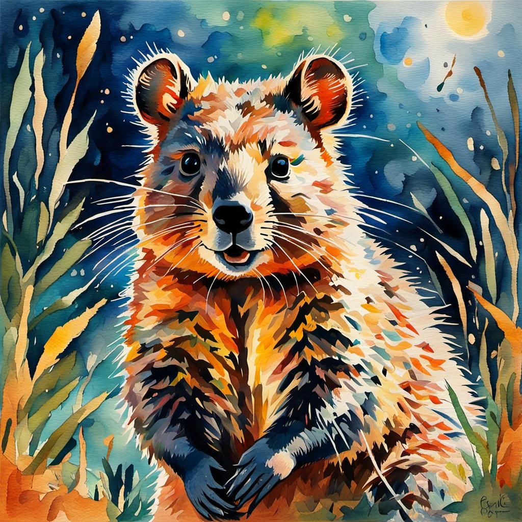 Quokka Portrait in Gouache Style
