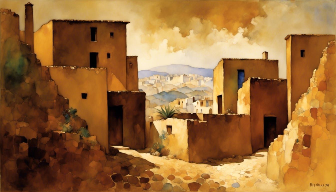 Adobe Village in Encaustic Style
