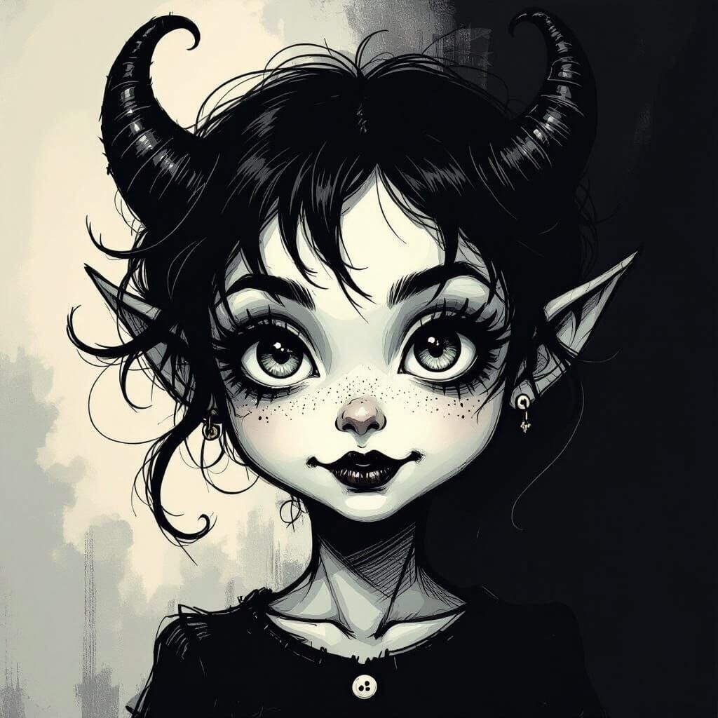 Cute Demon Portrait Ink Sketch with Button Eyes