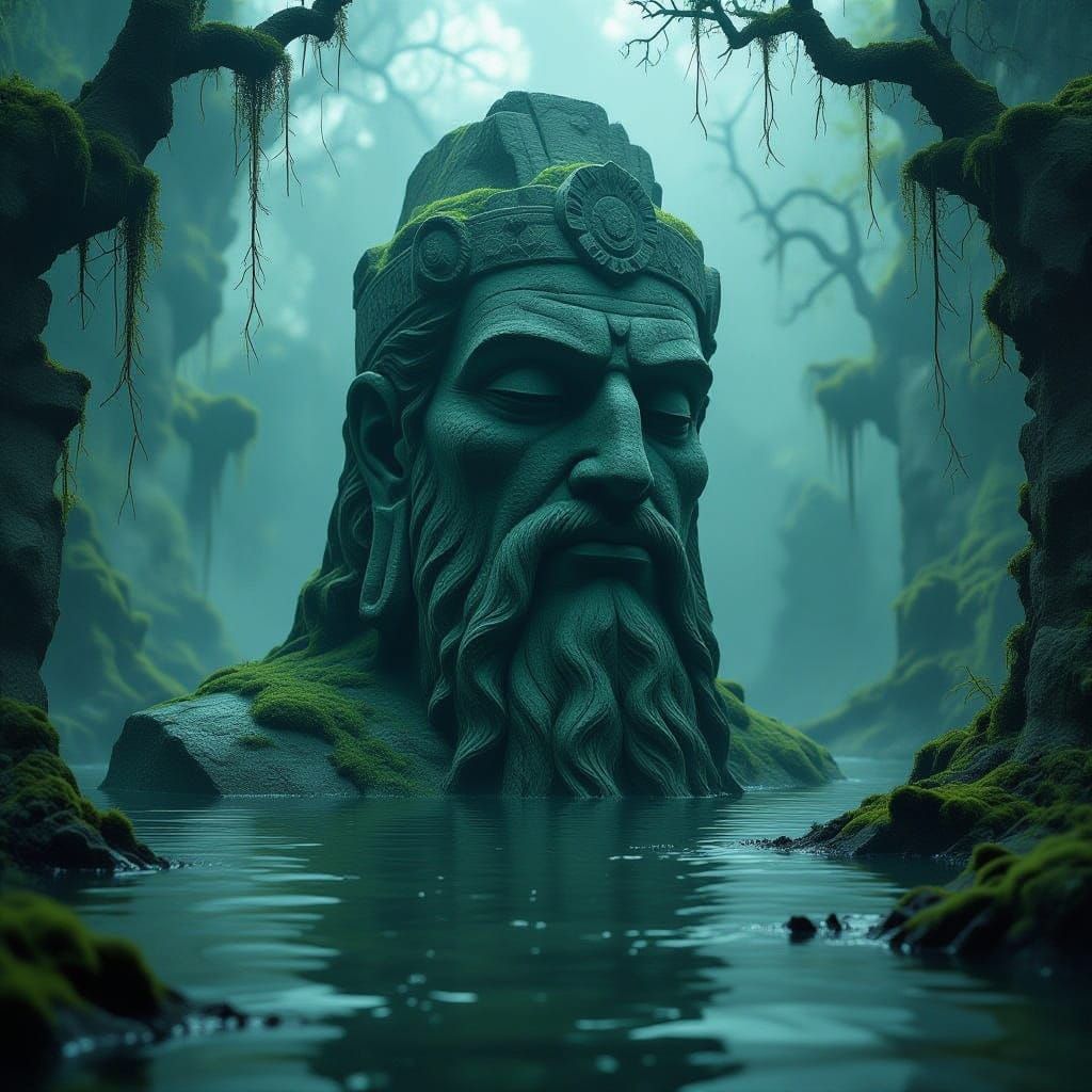 Ancient War God Statue in Misty Swamp, Dark Fantasy Art