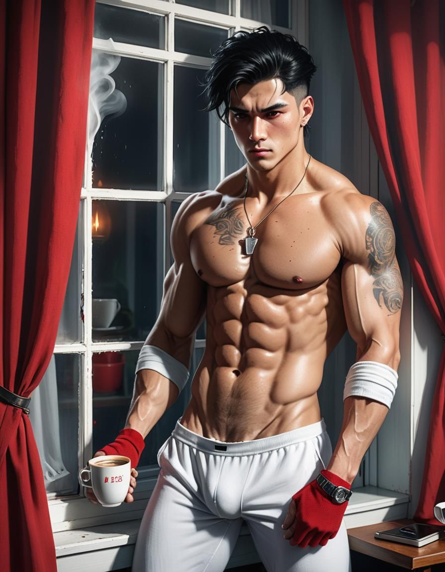 Muscular Man with Coffee at Window, Cinematic Still