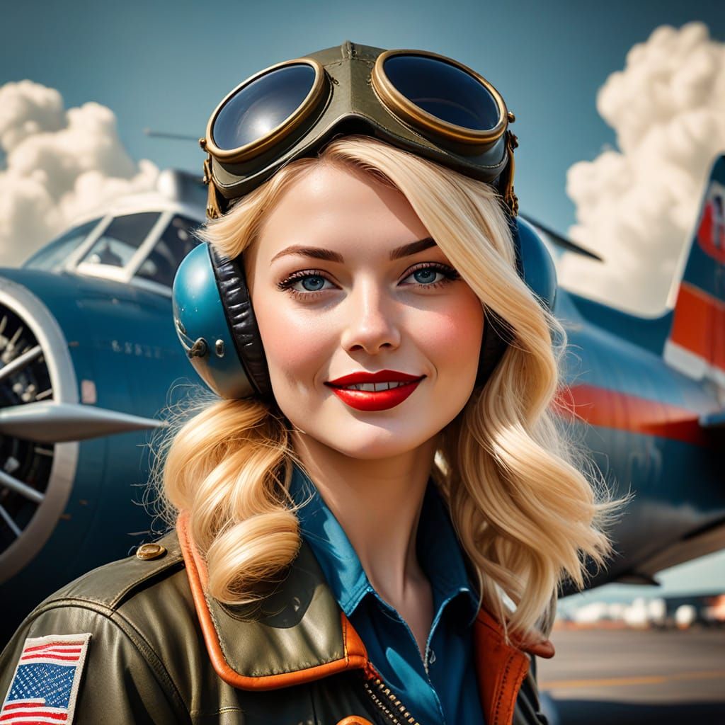 Vintage Pin-Up Pilot Girl in Retro Aviation Style