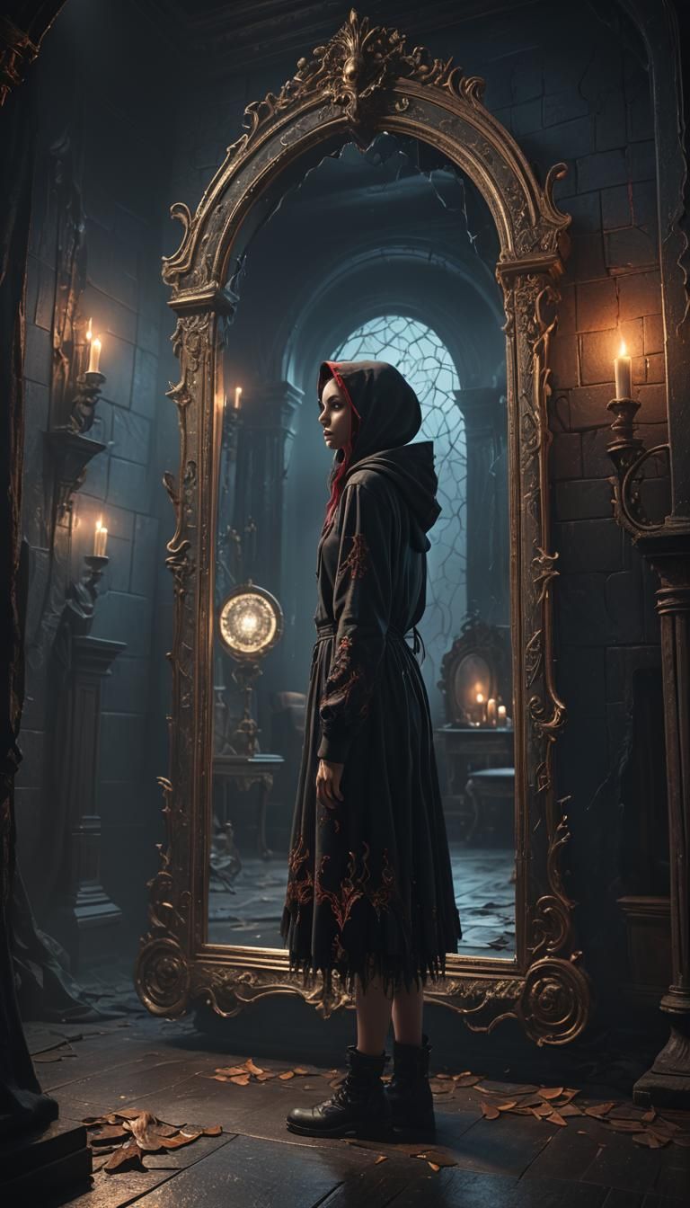 Hooded Girl and Magical Mirror in Dark Room