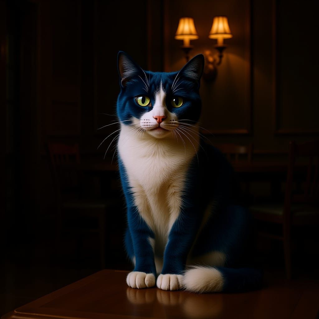 Blue and White Cat in Elegant Dining Room