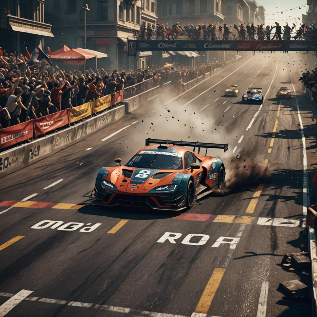 Race Car Crossing Finish Line in Detailed Matte Painting