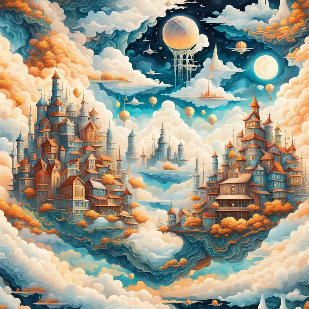 Surreal Floating City Woven from Lies and Truths