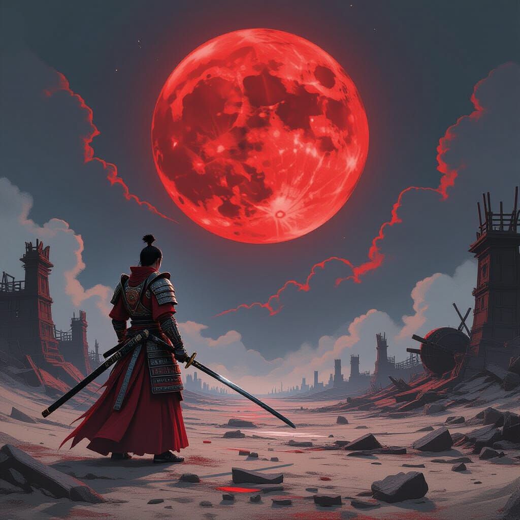 Crimson Samurai on Desolate Battlefield Under Blood Moon