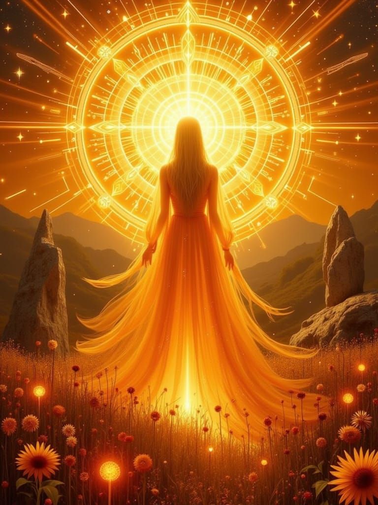 A radiant goddess of the Summer Solstice, glowing with golde...