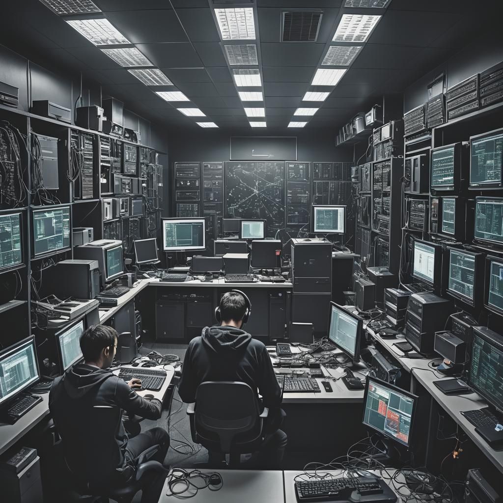 Darkweb Hackers in a Cyberpunk Computer Room