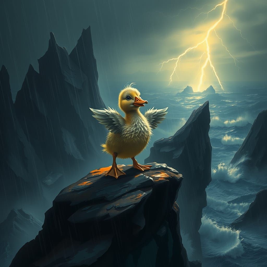 Duckling Dances Defiantly in Stormy Landscape