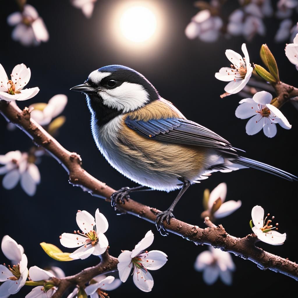 Chickadee on Almond Branch at Night: Hyper-Realistic
