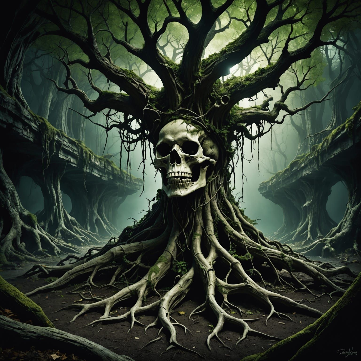 Macabre Tree with Bones: Dark Fantasy Illustration