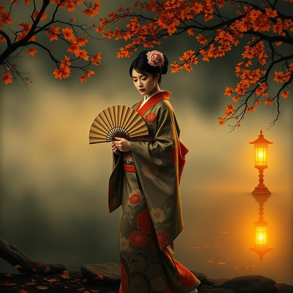 Japanese Woman in Kimono by Misty Lake, Nihonga Style