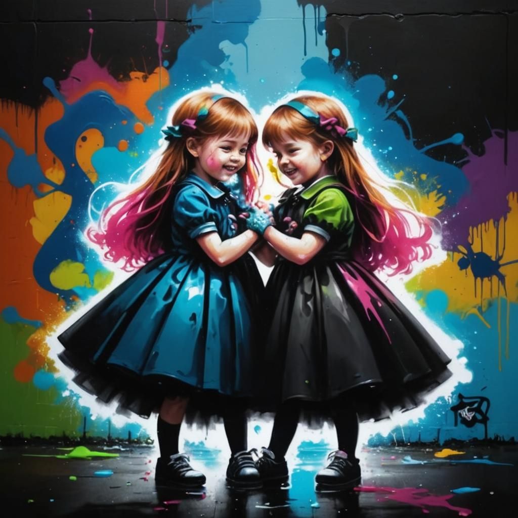 Twins' Love Bond in Graffiti Splash Art