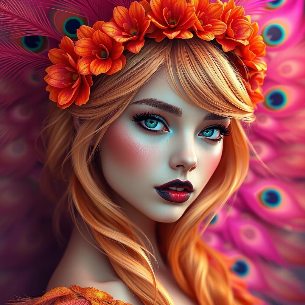 Iridescent Woman with Peacock Feathers, Digital Art