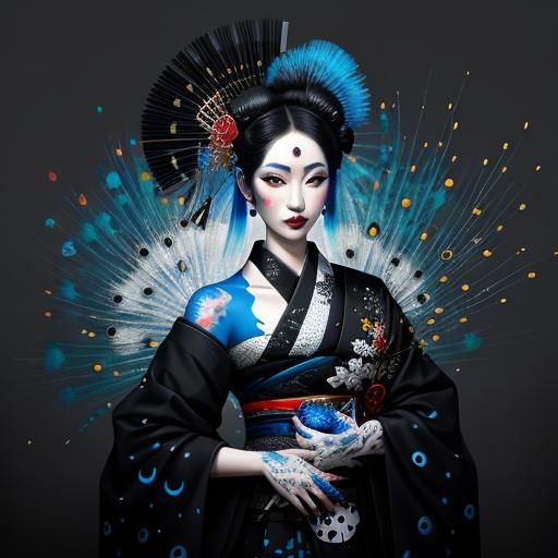 Geisha with Peacock Feathers in Graffiti Art
