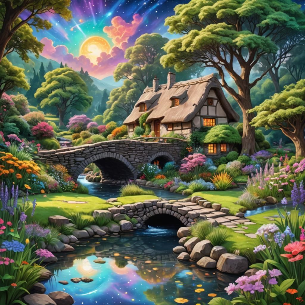 Cosmic Cottage Beside Stone Bridge Illustration