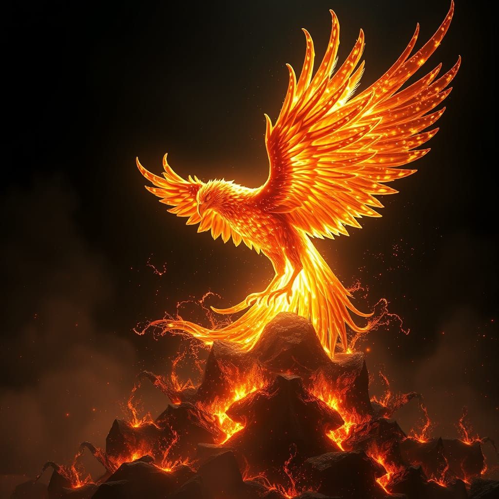 Majestic Phoenix Rises from Ashes in Golden Splendor