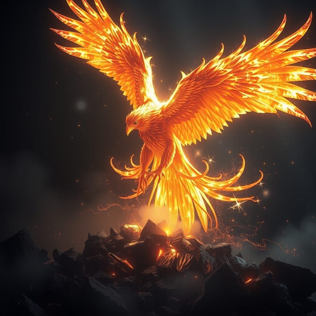 Phoenix Rising from Ashes in Golden, Fantastical Splendor