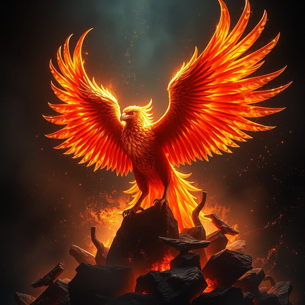 Ethereal Phoenix Rises from Ashes in Cyberpunk Fantasy