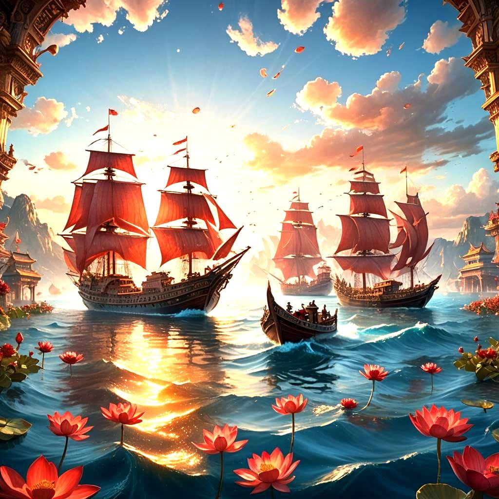 Red Lotus and Blue Lake in Glass Paint View