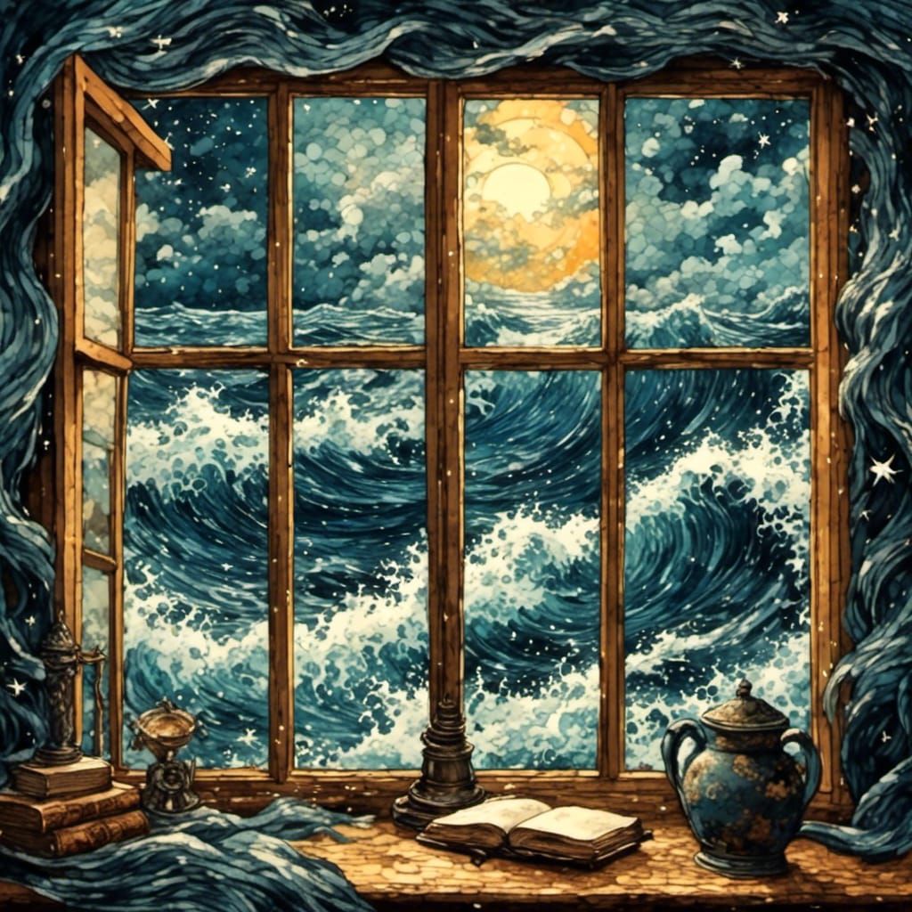 Stormy Ocean View Through Window, Watercolor Style