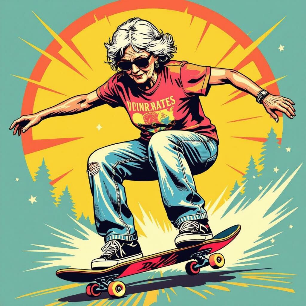 Skateboarding Granny in Vintage Comic Style