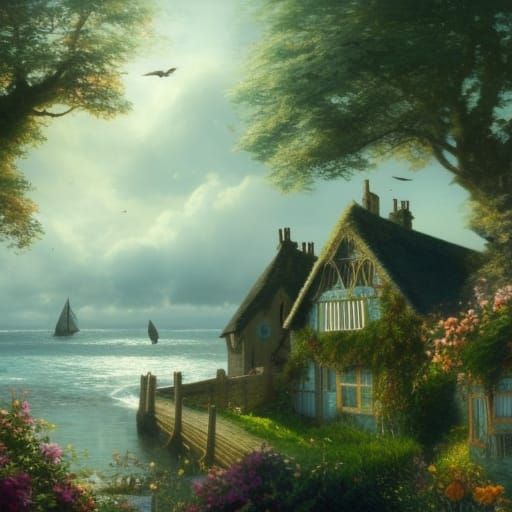 Gothic Victorian Village by the Sea, Digital Art