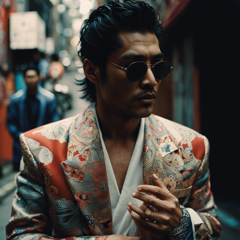 Yakuza in Japanese Alleyway: 1980s Digital Art