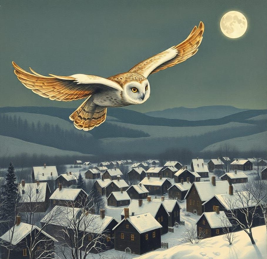 Owl Soaring Over Snowy Town in Woodcut Style