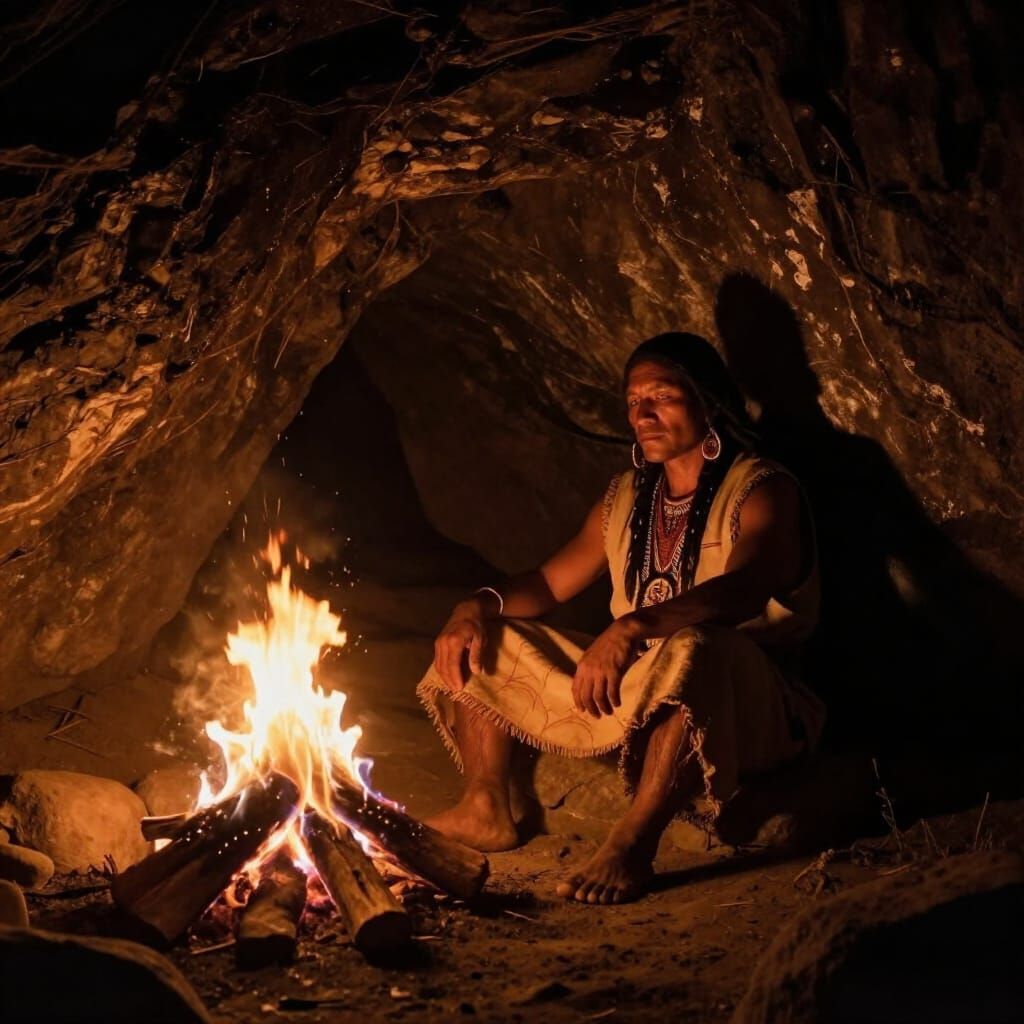 Indigenous Man Contemplating Firelight in Ancient Cave
