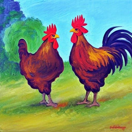 Rooster Picnic in Expressionist Neo-Impressionism Style