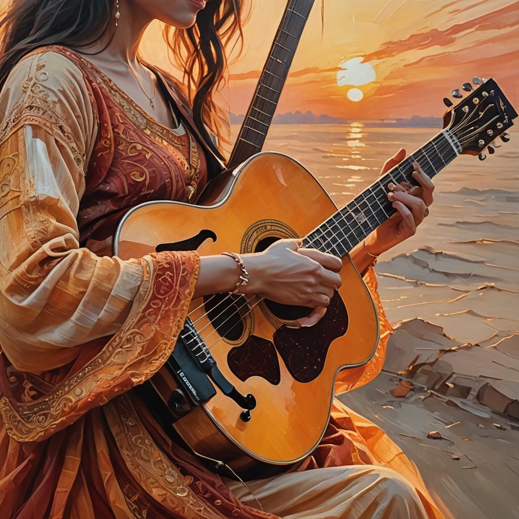 Woman's Hands Playing Guitar at Sunset Oil Painting