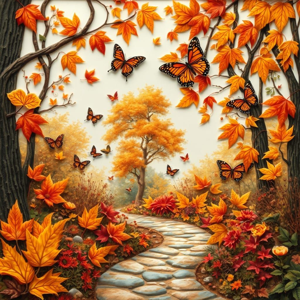 Enchanting Autumn Forest Path in Mixed-Media Style